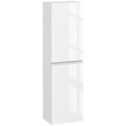 Tall high gloss white bathroom cabinet with two stacked doors on a plain white background
