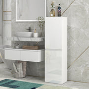 Tall white gloss bathroom cabinet standing beside a wall-hung vanity and basin