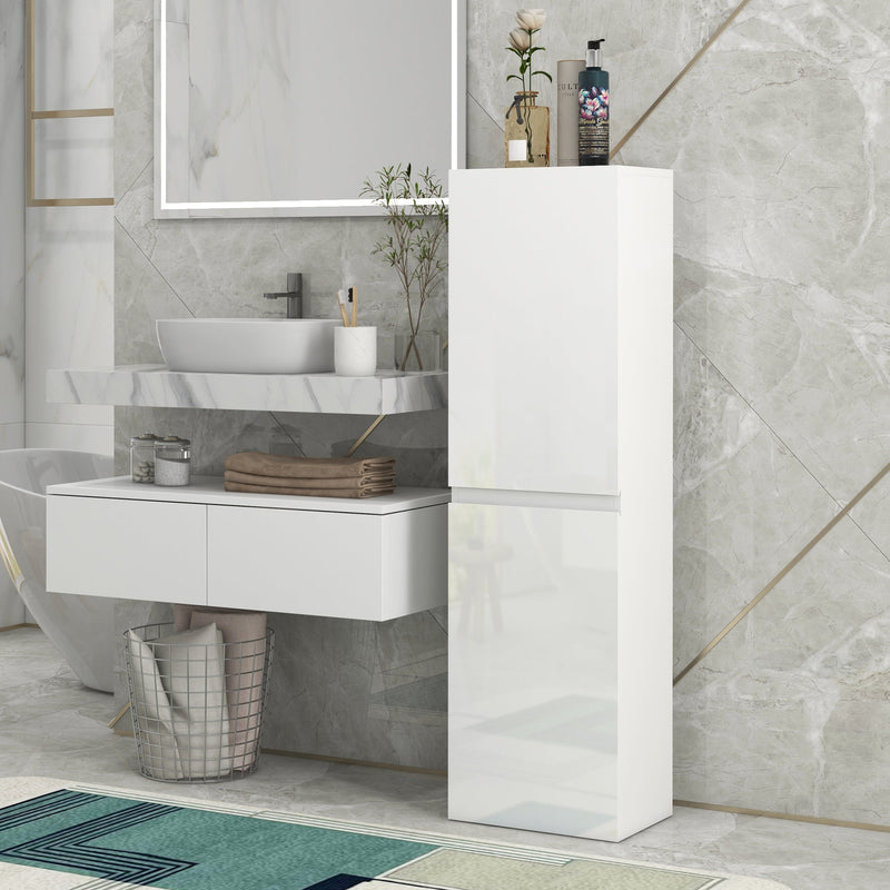 Tall white gloss bathroom cabinet standing beside a wall-hung vanity and basin