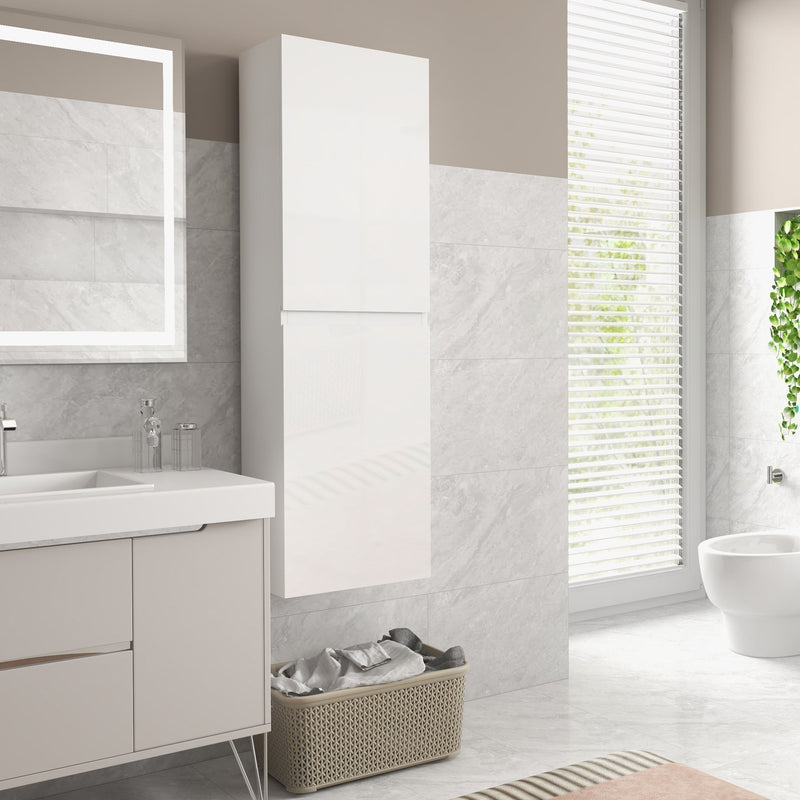 Tall white bathroom cabinet mounted on the wall beside a vanity and window