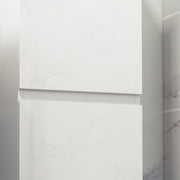 Close-up of the high gloss white door panels and the gap between the two doors