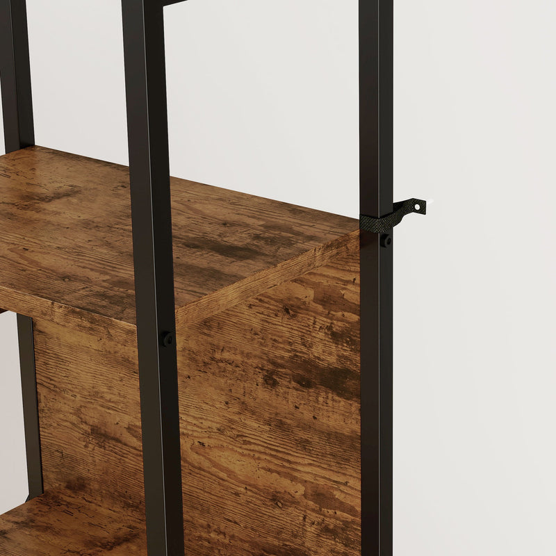 Close-up of an anti-tip strap fixed to the steel frame beside a wooden shelf