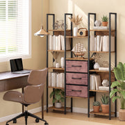 Bookcase beside a desk and chair filled with books, plants and decor