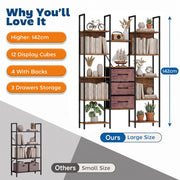 Feature graphic showing 142 cm height, 12 display cubes and 3 drawers