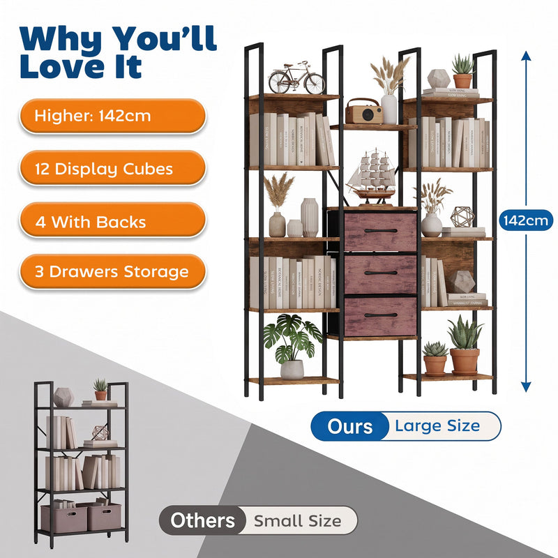 Feature graphic showing 142 cm height, 12 display cubes and 3 drawers