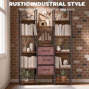 Bookcase styled against a brick wall with books and plants