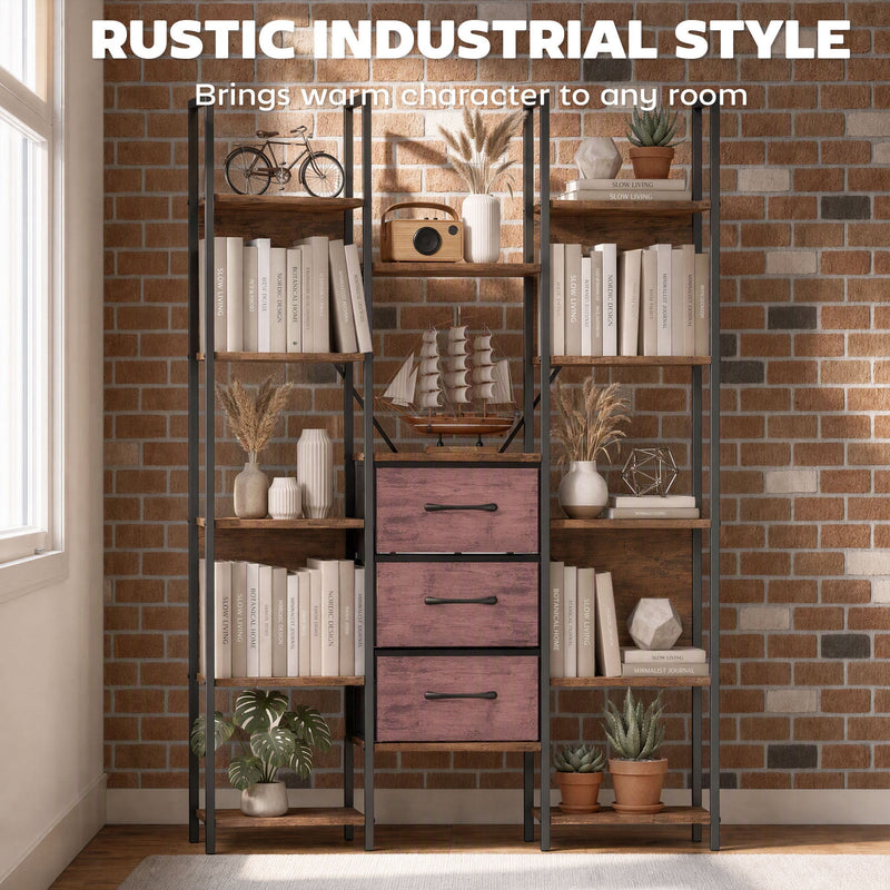 Bookcase styled against a brick wall with books and plants