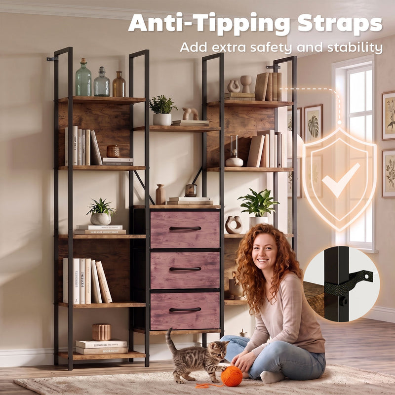 Anti-tipping straps graphic with a woman and cat in front of the bookcase