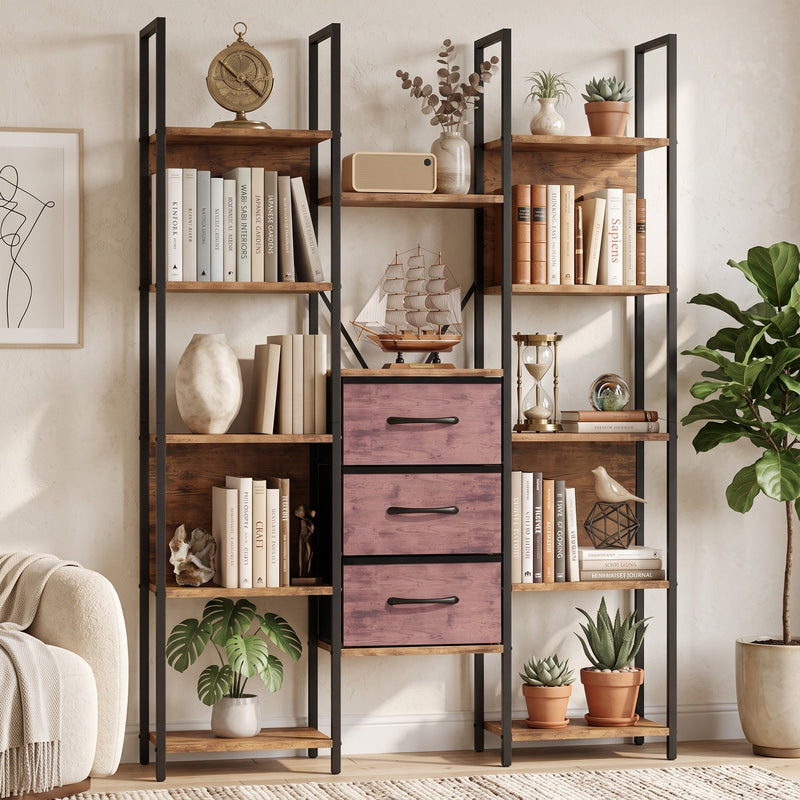 Bookcase styled with books, vases and plants in a living room