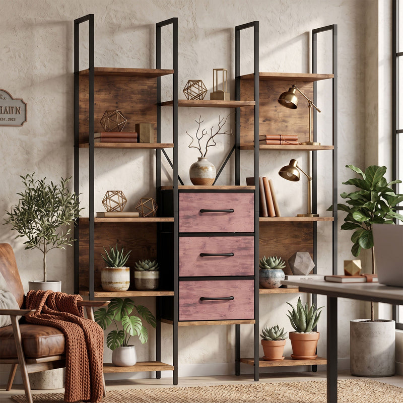 Bookcase beside a leather armchair with decor and plants