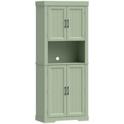 Sage green tall kitchen cupboard with open countertop and four doors, front view on a plain background