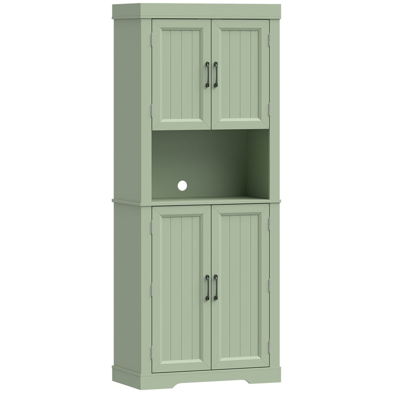 Sage green tall kitchen cupboard with open countertop and four doors, front view on a plain background