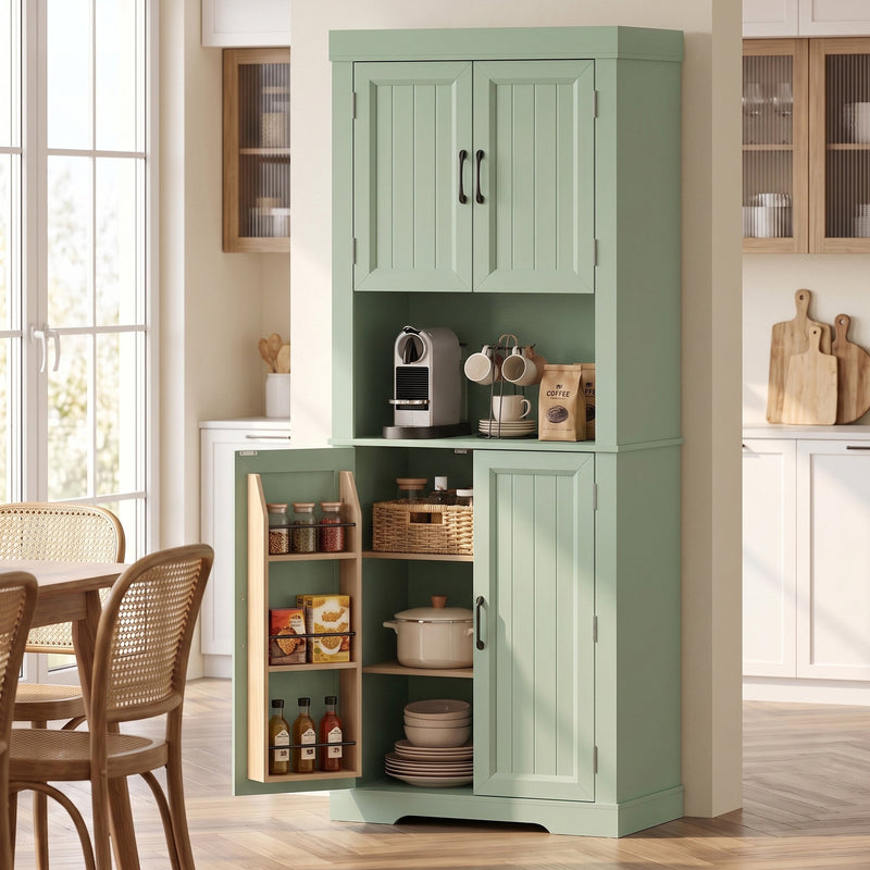 Sage green tall kitchen cupboard in a dining room with a lower door open to show spice racks