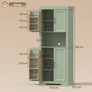 Dimensions diagram of the sage green kitchen cupboard showing 183 cm height, 72.8 cm width and 39.5 cm depth