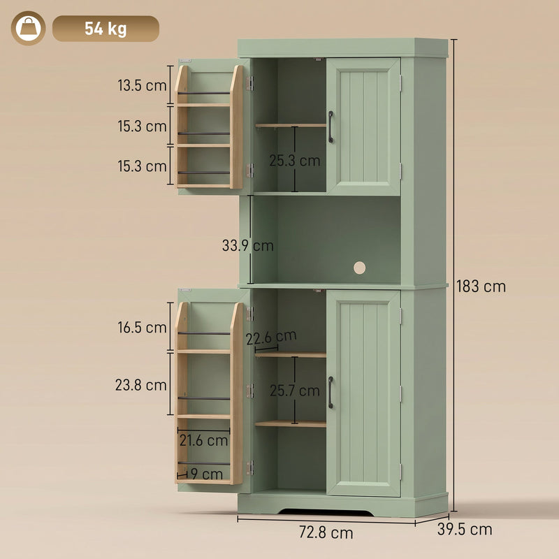 Dimensions diagram of the sage green kitchen cupboard showing 183 cm height, 72.8 cm width and 39.5 cm depth