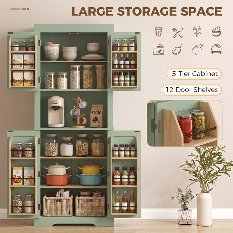Sage green kitchen cupboard with all doors open showing 12 door racks and five tiers of storage