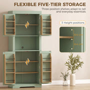 Inside the sage green kitchen cupboard showing three-position adjustable shelves with 6.4 cm height steps