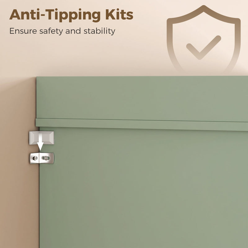 Close-up of the anti-tip wall anchor fitted to the top of the sage green kitchen cupboard
