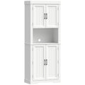 White tall kitchen cupboard with open countertop and four doors, front view on a plain background
