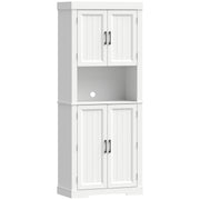White tall kitchen cupboard with open countertop and four doors, front view on a plain background