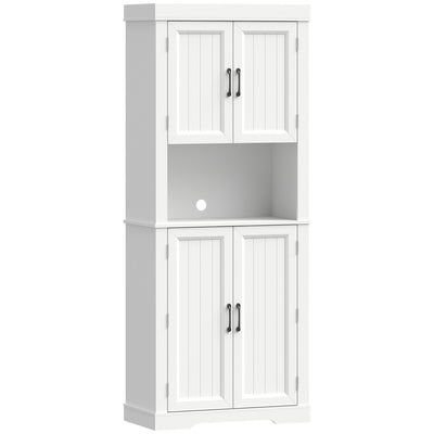 White tall kitchen cupboard with open countertop and four doors, front view on a plain background