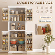 White kitchen cupboard with all doors open showing 12 door racks and five tiers of storage