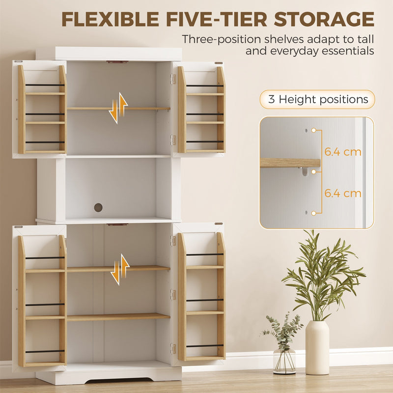 Inside the white kitchen cupboard showing three-position adjustable shelves with 6.4 cm height steps