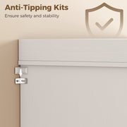 Close-up of the anti-tip wall anchor fitted to the top of the white kitchen cupboard
