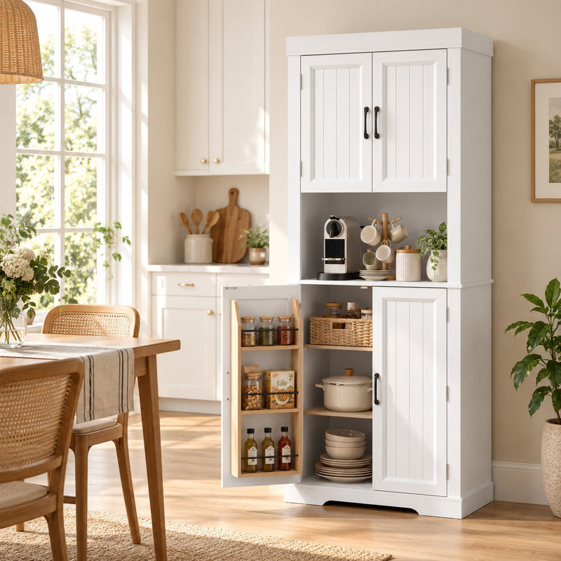 White kitchen cupboard beside a dining table with a lower door open showing pans and bottles