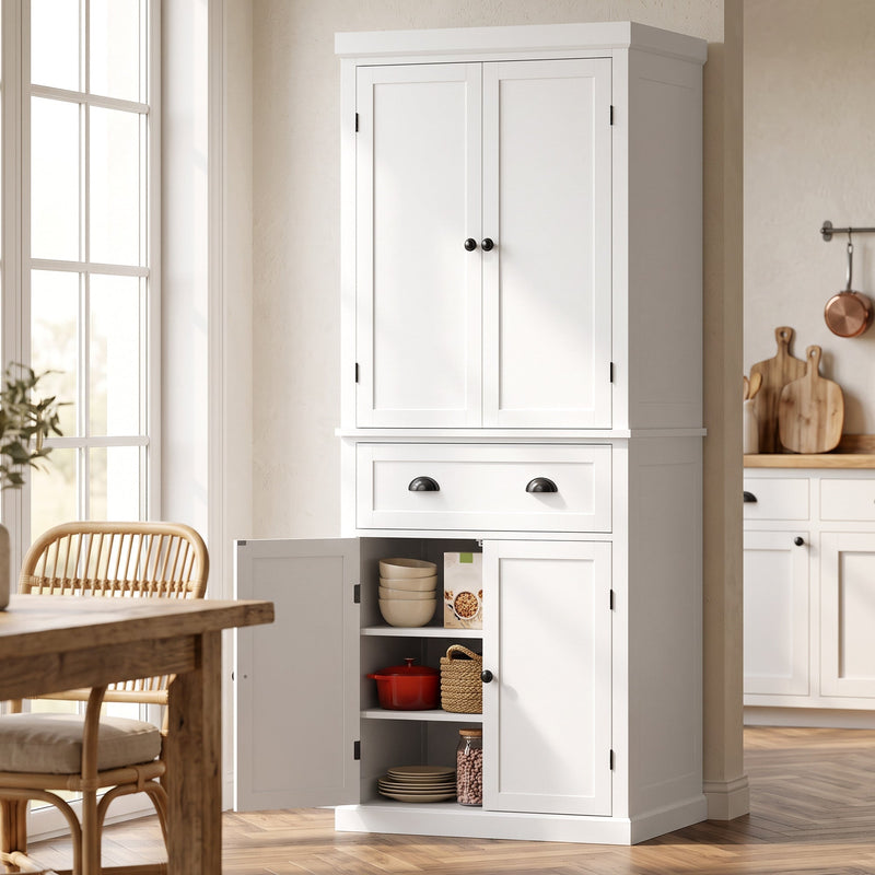 White kitchen cupboard styled in a kitchen with door open showing shelves