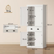 Dimension diagram showing 76.2W x 40.2D x 183H cm and shelf and drawer sizes