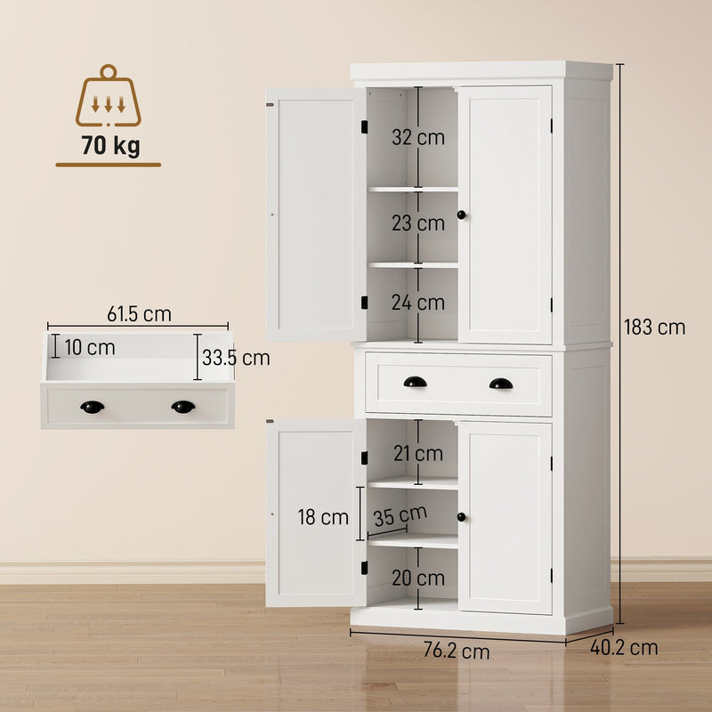 Dimension diagram showing 76.2W x 40.2D x 183H cm and shelf and drawer sizes