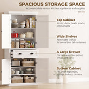 Spacious storage callout showing top cabinet, wide shelves, drawer and bottom cabinet
