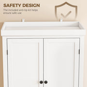 Anti-tip safety design callout showing wall-anchor fixings on top of the cupboard