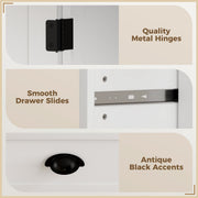 Close-up of quality metal hinges, drawer slides and black handle accents