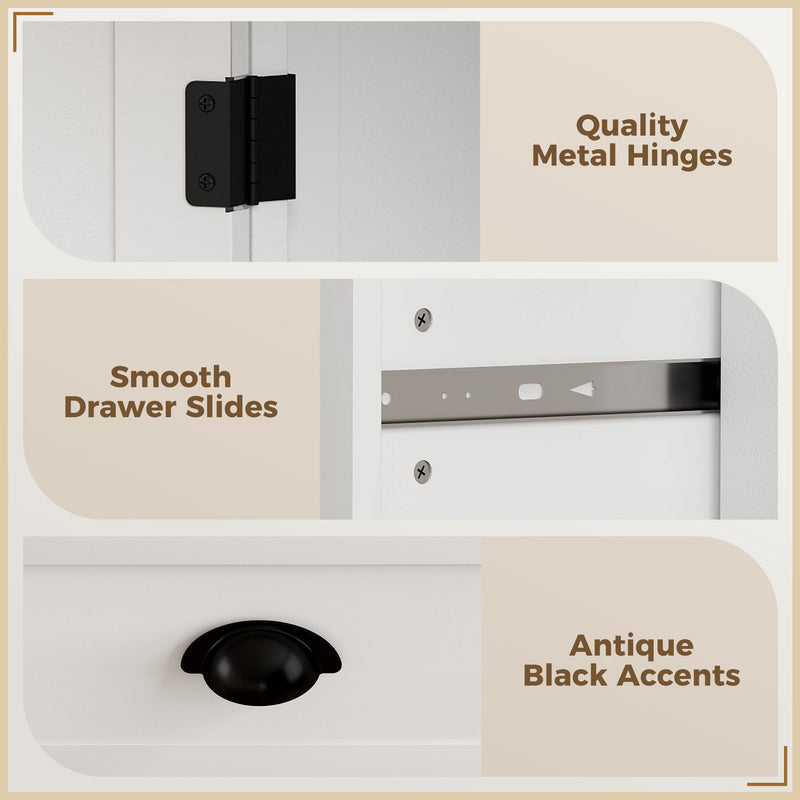 Close-up of quality metal hinges, drawer slides and black handle accents