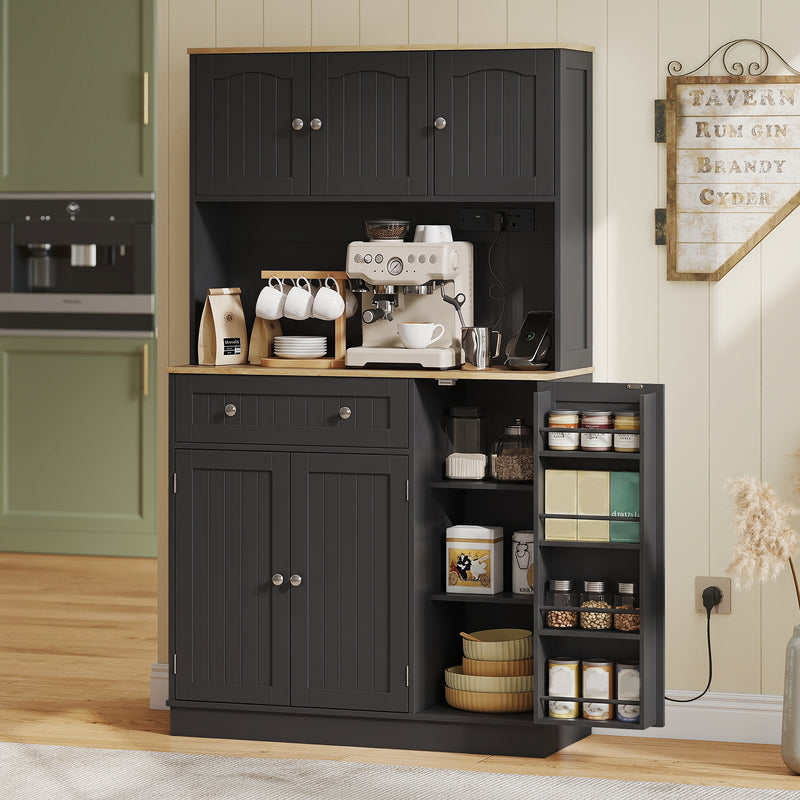 Cupboard doors open showing adjustable shelves and storage