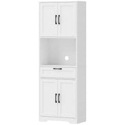 White wood effect tall kitchen pantry with upper cupboard, open counter, drawer and lower cupboard