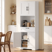 White kitchen pantry in a dining room with the lower cupboard open showing a pot and baskets