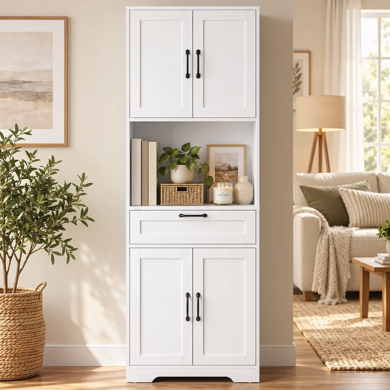 White pantry in a living space beside plants and a floor lamp