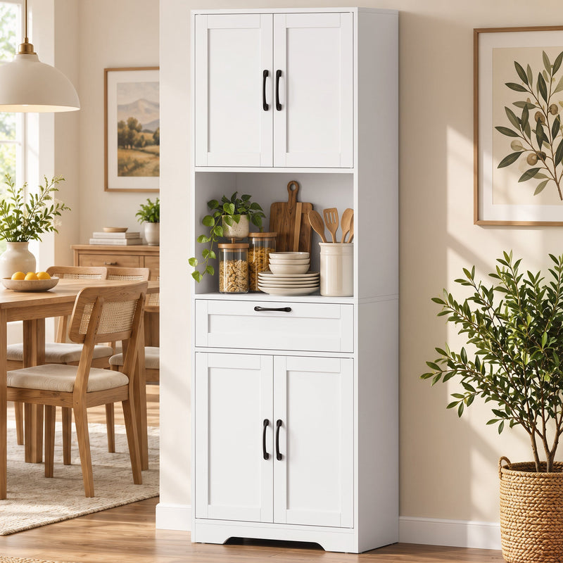 White pantry in a dining area holding glasses and kitchen items