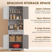 Infographic of the pantry upper cabinet, open shelves, large drawer and lower cabinet holding kitchen items