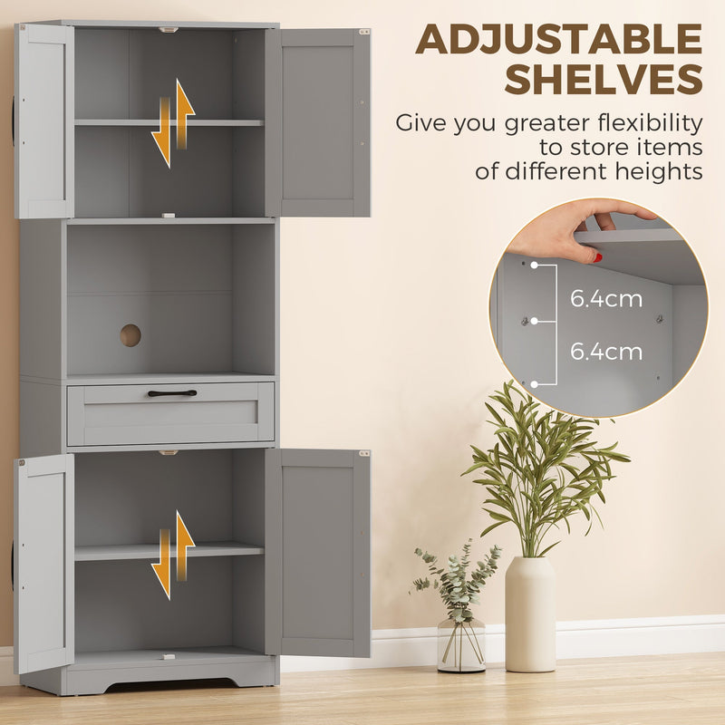 Adjustable shelves in the upper and lower cupboards shown with 6.4 cm height steps