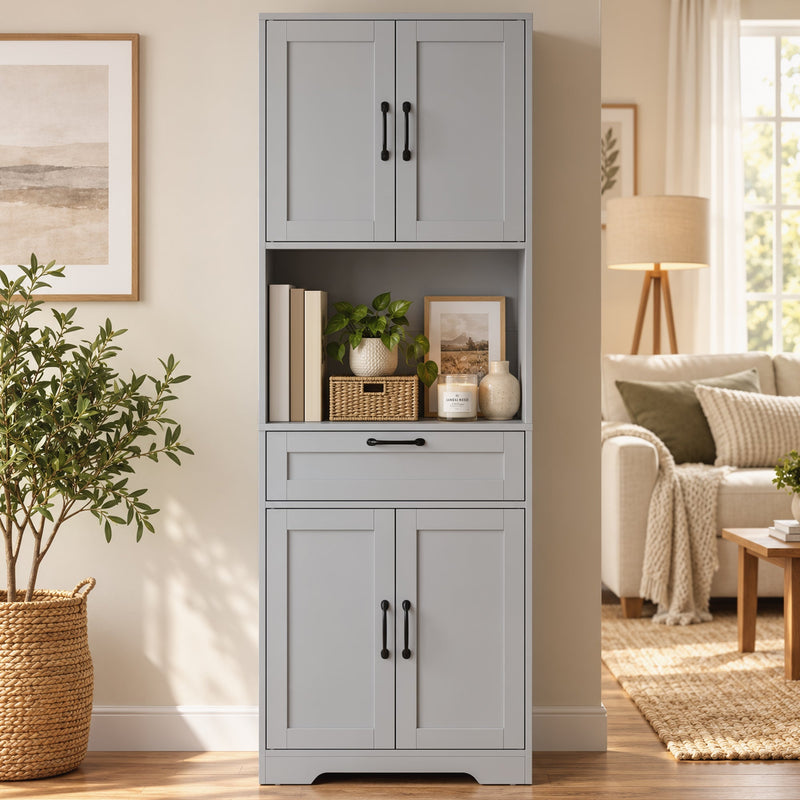 Grey pantry in a living space beside plants and a floor lamp