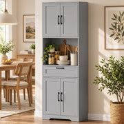 Grey pantry in a dining area holding glasses and kitchen items