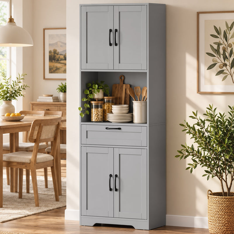 Grey pantry in a dining area holding glasses and kitchen items