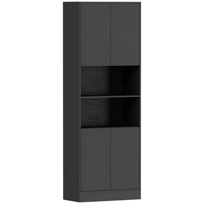 Front view of the black wood effect tall kitchen storage cabinet
