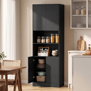 Black kitchen cabinet doors open showing adjustable shelves