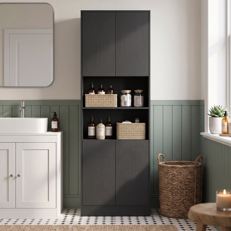 Black kitchen cabinet open shelf storing jars and tins