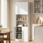 White wood effect kitchen cabinet doors open showing adjustable shelves